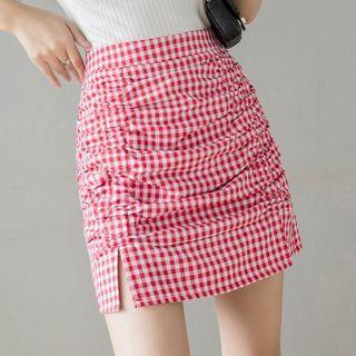 High-waist Plaid Ruched Skirt