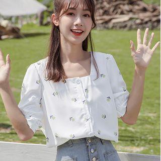 Puff-sleeve Floral Print Buttoned Top