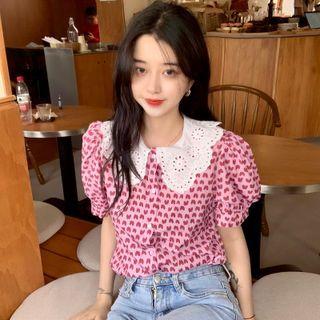 Short-sleeve Heart Print Blouse Pink - One Size