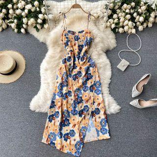 Slit Print Spaghetti-strap Dress