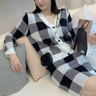 Set: Gingham Cardigan + Mini Pencil Skirt Black - M