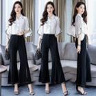 Set: Contrast Trim Bell-sleeve Blouse + Slit Boot-cut Pants