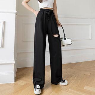Drawstring Distressed Wide Leg Pants