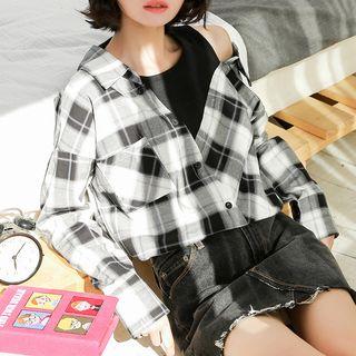 Plaid Mock Two-piece Shirt Black & White - One Size