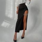 High Waist Plain Slit Tassels Maxi Skirt