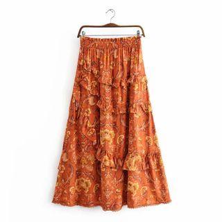 Print Ruffled Midi A-line Skirt