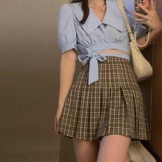 Short-sleeve Collared Tie-waist Crop Top / Plaid Pleated Mini A-line Skirt