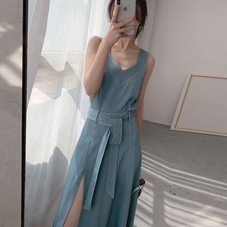 Set: Sleeveless Top + Slit Midi A-line Skirt