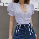 V-neck Plain Lace Drawstring Blouse