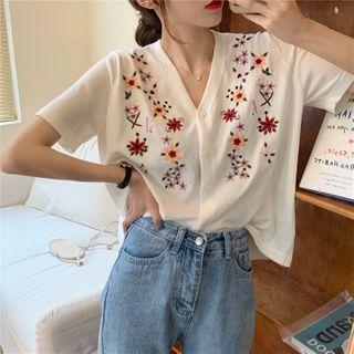 Short Sleeve Floral Embroidered Cardigan