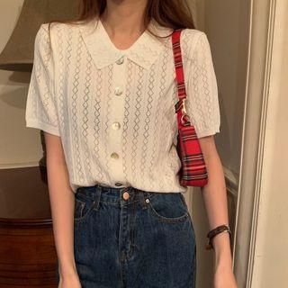 Plain Short-sleeve Pointelle-knit Cardigan White - One Size