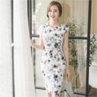 Cap-sleeve Floral Pattern Sheath Dress