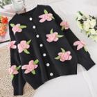 Round-neck Embroidered Flower-accent Knit Jacket Black - One Size