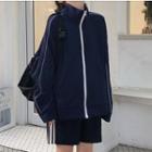 Contrast Trim Stand Collar Zip Jacket Dark Blue - One Size
