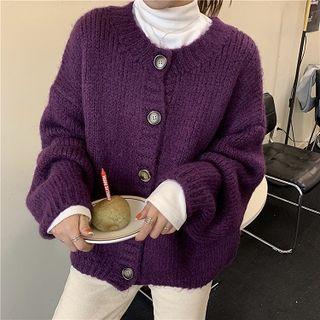 Plain Cardigan / Mock-turtleneck Long-sleeve Fleece Top