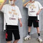 Set: Elbow-sleeve Letter T-shirt + Chinese Character Shorts