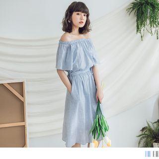 Flutter Sleeve Off-shoulder Striped Dress