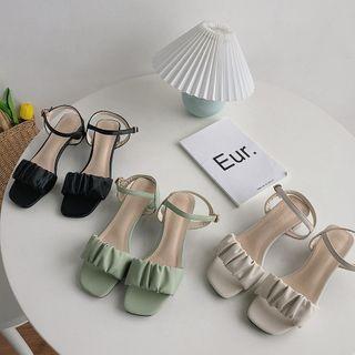 Shirred Block Heel Faux Leather Sandals