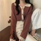 Long-sleeve Button-up Two-tone Sweater