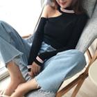 Long-sleeve Cut-out Mock-neck Knit Top Black - One Size