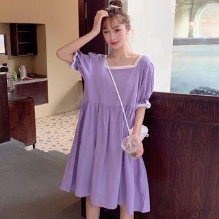 Square-neck Elbow-sleeve A-line Dress Purple - One Size