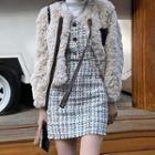 Fleece Tie-front Jacket / Spaghetti Strap Tweed Top / Mini Skirt