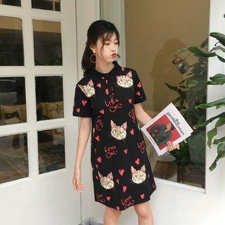 Cat Print Short-sleeve Polo Dress