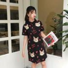 Cat Print Short-sleeve Polo Dress
