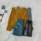 Ruffle Trim Mesh Panel Long-sleeve Top / Faux-leather Mini Skirt