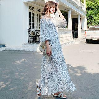 Off-shoulder Maxi Printed Chiffon Dress White - One Size