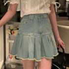 High-waist Denim Pleated A-line Skirt