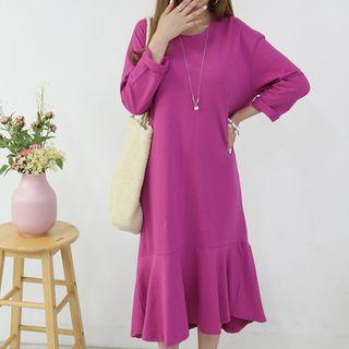 Long-sleeve Ruffle-hem Long T-shirt Dress