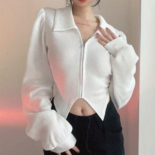 Collared Asymmetrical Hem Zip-up Cropped Sweater