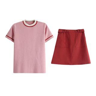 Short-sleeve Striped Knit T-shirt + Plain Skirt