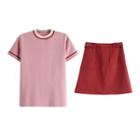 Short-sleeve Striped Knit T-shirt + Plain Skirt
