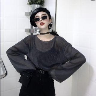 Set: Long-sleeve Mesh Top + Camisole Top Set Of 2 - As Shown In Figure - One Size