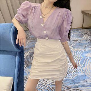 Puff-sleeve Button-up Blouse / Mini Pencil Skirt