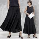 Band-waist Tiered Wide-leg Pants Black - One Size