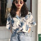 Elbow-sleeve Open-collar Abstract Print Shirt