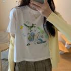 Short-sleeve Cartoon Print T-shirt / Ribbed Cardigan