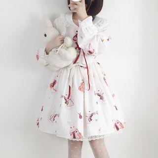 Rabbit Print Long-sleeve A-line Dress