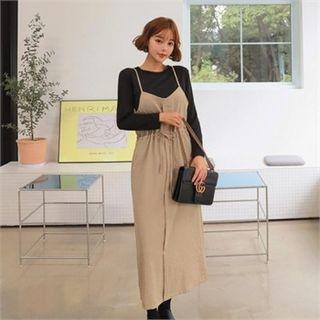 Set: Spaghetti-strap Long Pinafore Dress + T-shirt Beige & Black - One Size