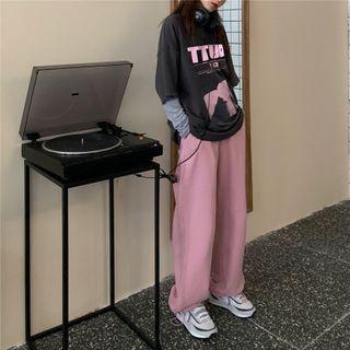 Long-sleeve Mock Neck Plain Top / Short-sleeve Print T-shirt / High-waist Plain Sweatpants