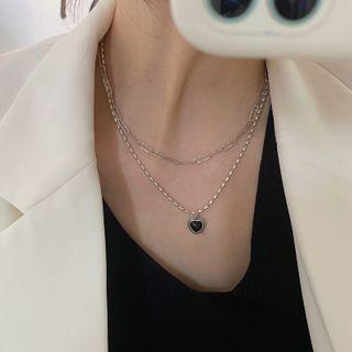 Heart Pendant Bead Necklace Necklace - Black Heart - Silver - One Size