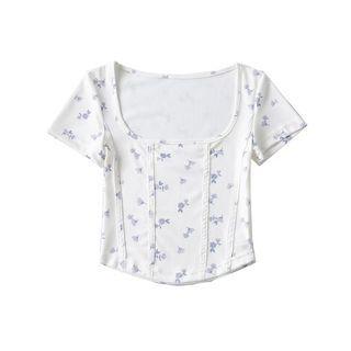 Short Sleeve Square-neck Floral Print Crop Top
