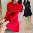 Piped Long-sleeve Collared Minidress