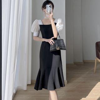 Puff Sleeve Square-neck Two-tone Midi Sheath Dress