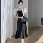 Puff Sleeve Square-neck Two-tone Midi Sheath Dress