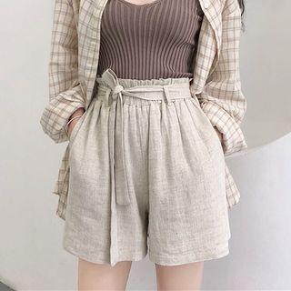 Tie-waist Linen Shorts Beige - One Size