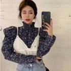 Mock-neck Puff-sleeve Floral Blouse / Crochet Knit Camisole Top